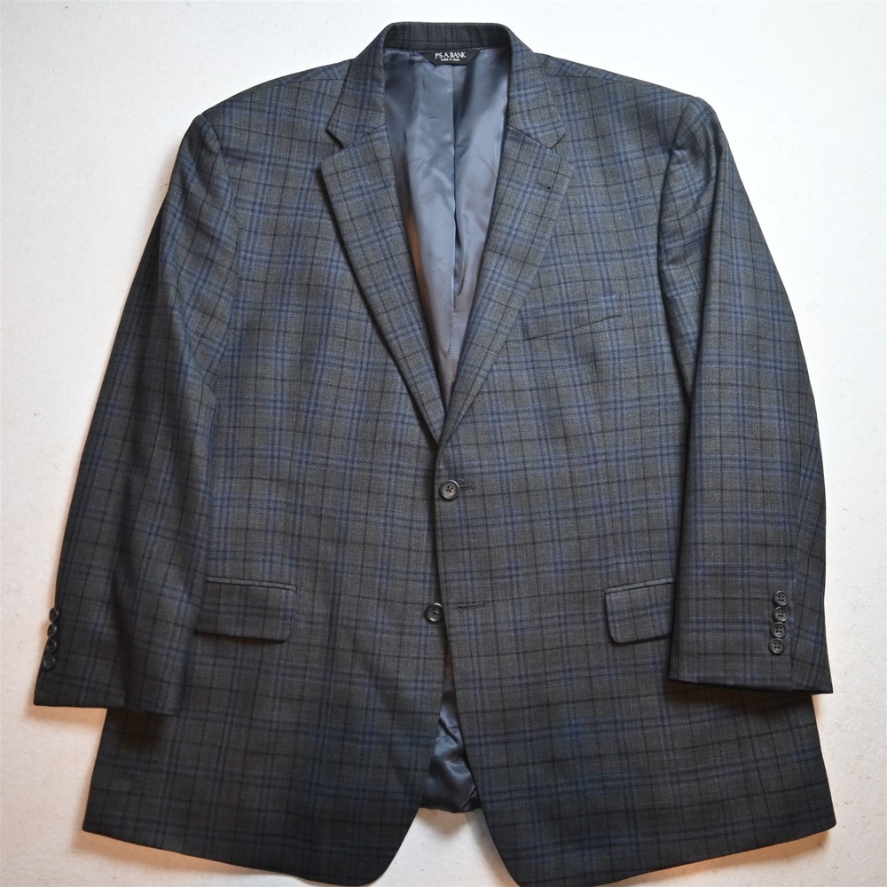Jos A Bank 48R Gray Blue Windowpane Check 100% Wool Blazer Jacket Sport Coat